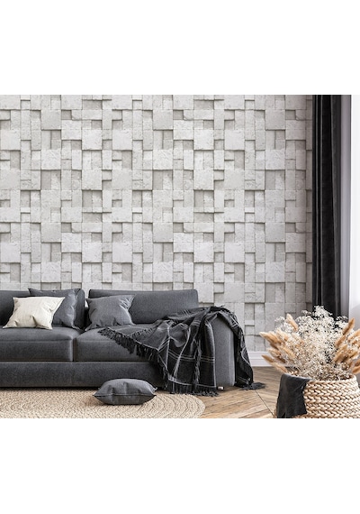 Kare Gri Taş Desen Duvar Kağıdı 16m2 - 6755-1 Çok Renkli