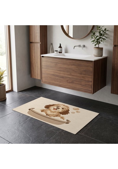 Kartela Halı Köpek Desenli Banyo Paspası Bej Kaymaz Taban Makinede Yıkanabilir 60x90 Cm