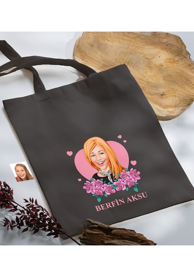 Bk Gift Kişiye Özel Anneler Günü Karikatürlü Antrasit Kumaş Bez Çanta, Baskılı Omuz Çantası, Alışveriş Çantası, Anneye Hediye-2 Antrasit