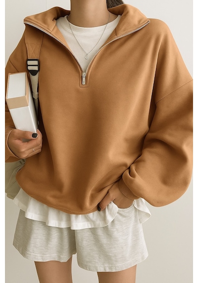 Ghassy Co. Kadın Pamuklu Oversize Silver Yarım Fermuarlı Sweatshirt Tarçın
