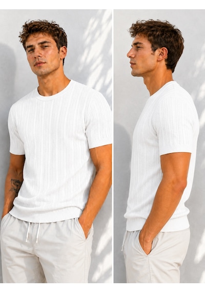 Ribana Erkek Bisiklet Yaka Kısa Kollu Esnek Örme Triko T-shirt 26091 Beyaz