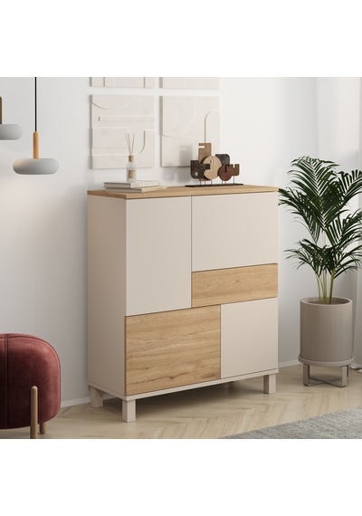 Robin Home Urban Çok Amaçlı Dolap Ahşap Ayaklı 4 Kapaklı Çekmeceli Kumsal-sepet Bej