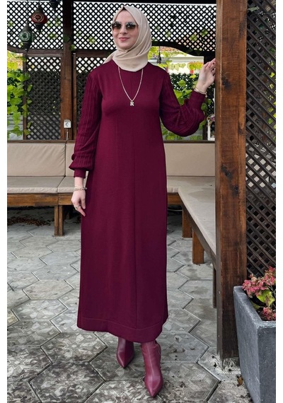 Rabia Şamlı Ecem Bordo Triko Elbise Normal