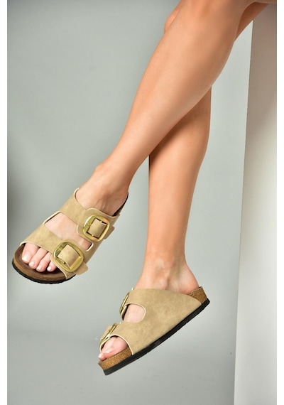 Fox Shoes P777517402 Bej Süet Çift Bantlı Kadın Terlik Bej
