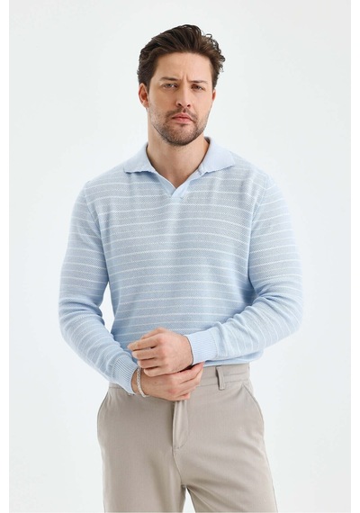 Cool Tarz Erkek Patlı Slim Fit Çizgi Detaylı Uzun Kollu Polo Yaka Triko Kazak Mavi Mavi