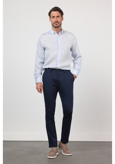 İmza Koyu Lacivert Yan Cep Düz Paça Armürlü Slim Fit Pamuklu Chino Pantolon 1003260161