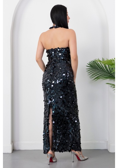 Kalopya Halter Yaka Büyük Pullu Elbise Abiye Ecr6094 Lacivert