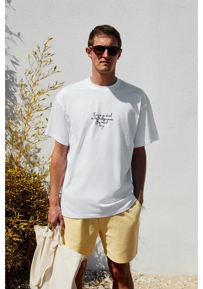 Grımelange ITALIA Erkek %100 Organik Pamuk Ön Arka Baskı Detaylı Oversize Kısa Kol Beyaz T-Shirt