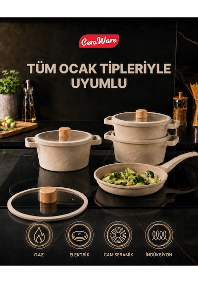 Ceraware Vetta 10 Parça Seramik Yapışmaz Tencere Tava Seti Bej