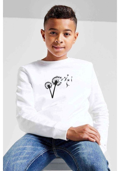 Tshirthane Silhouette Dandylion Flight Baskılı Unisex Çocuk Beyaz Sweatshir Beyaz