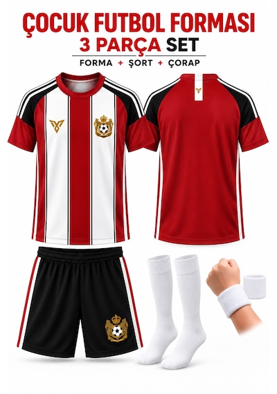 Yenteks İsim Yazılır Çocuk Futbol Forması Kırmızı Beyaz Özel Tasarım 4 Parça Forma+şort+çorap+bileklik Beyaz - Kırmızı
