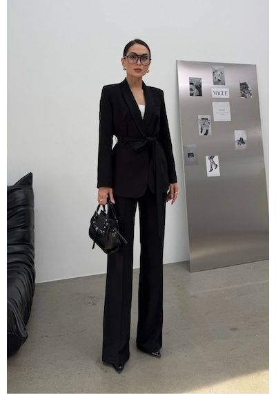 Msm Fashion Kadın İkili Kuşaklı Blazer Ceket Pantolon Takım Siyah