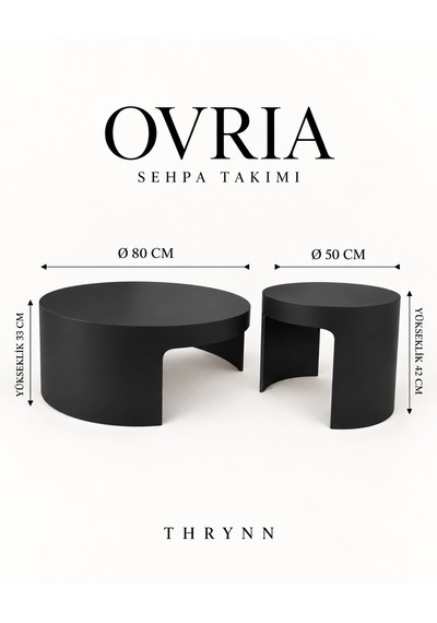 Ovria 2 Li Yuvarlak Orta Ve Yan Sehpa Takımı Mat Siyah Renk Modern Tasarım Dekoratif
