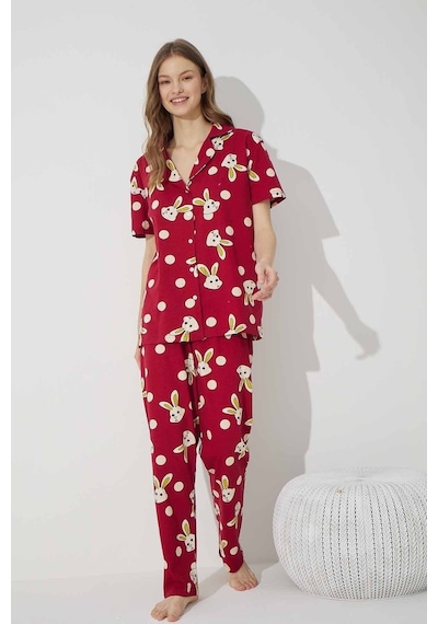 Siyah İnci Pamuklu Likralı Düğmeli Pijama Takım Bordo