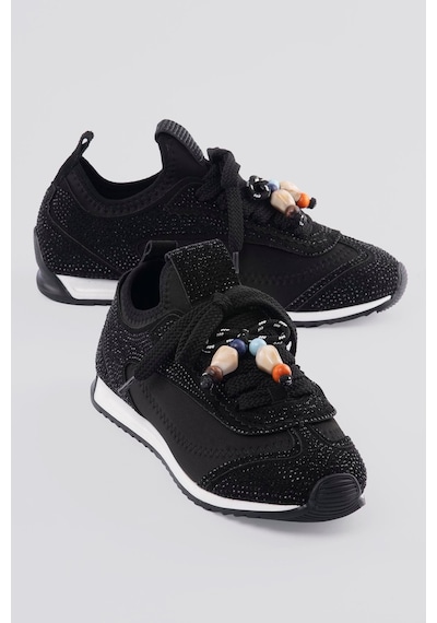 Mubiano Kadın Sneaker Düz Taban Taşlı Boncuk Detaylı Streç Spor Ayakkabı Zyra Siyah Siyah