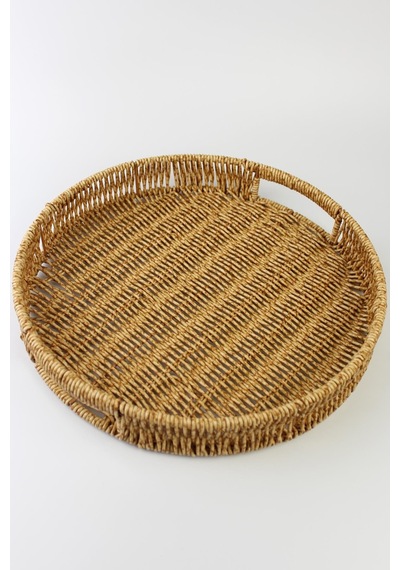 3 Lü Rattan Tepsi Dekoratif Tepsi Hasır Örme Tepsi Yuvarlak Krem