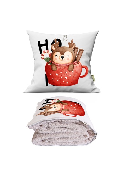Ho Ho Ho Baskılı Dekoratif Yastık Kırlent Opsiyonel Battaniye 2 İn 1 Çok Renkli