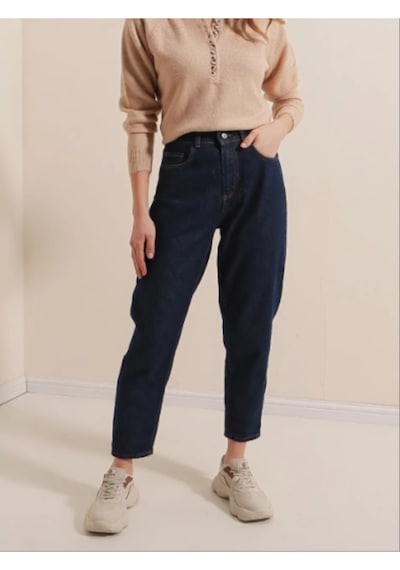 Likralı Denim Kumaş Kar Lacivert Mom Jeans Lacivert