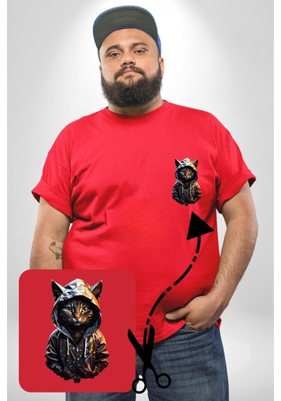 Angemiel Hip Hop Gençlik Kedi Çeket Kırmızı Büyük Beden Kadın Basic Minimal Baskılı Tişört Kırmızı