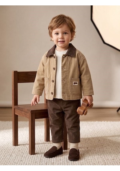 Zekids Erkek Bebek Bej Fitilli Ceketli Tişört Ve Kahverengi Pantolonlu Takım-17455