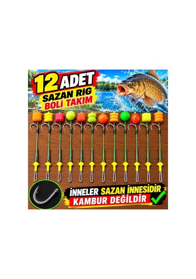 12 Adet Hazır Sazan Rig Boli Takımı Yüzen Model Büyük Sazan Iğneli Karışık Renkli Pratik Olta
