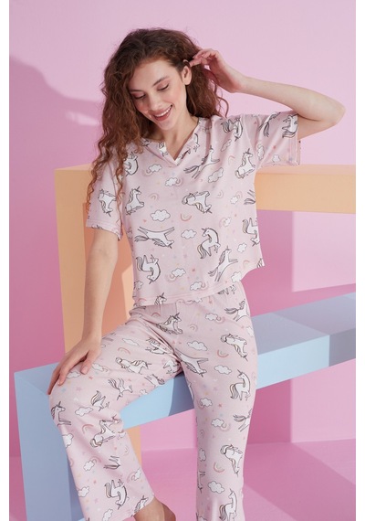 Siyah İnci Likralı Örme Pijama Takım 7803 Pembe Unicorn