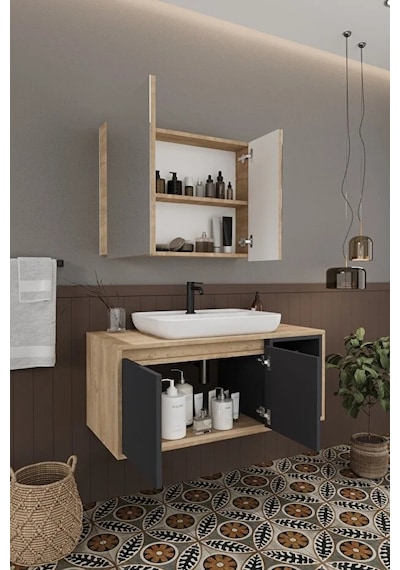 Lale 100 Cm %100 Mdf Lavabolu Banyo Dolabı + Aynalı Dolap Antrasit