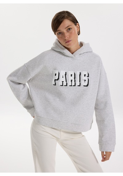 Fabrika Gri Kadın Kapüşon Oversize Baskılı Sweatshirt F5wl-swt0231 Açık Gri Melanj
