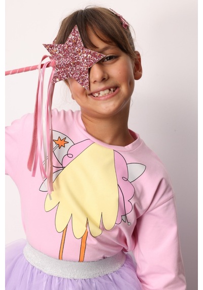 Le Mabelle Pembe Peri Kızı Baskılı Uzun Kollu Kız Çocuk Tişört Pembe