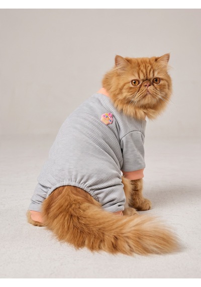 Sweet Cupcake Kedi Tulumu Gri Beyaz İnce Çizgili Penye Kedi Kıyafeti
