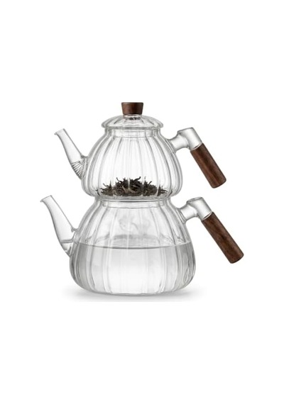 Akasya Cam Çaydanlık Takımı 1500 Ml + 600 Ml - Ahşap Kulplu, Çizgili Tasarım Isıya Dayanıklı Borosilikat Şeffaf Çaydanlık 1