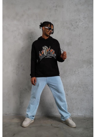 Veraura Lifestyle Erkek Oversize Kapüşonlu Sweatshirt Siyah Renk Üç İplik İçi Pamuklu Kanguru Cepli Baskılı Hoodie Rahat Kalıp Kışlık Günlük Kombinlere Uygun - Siyah