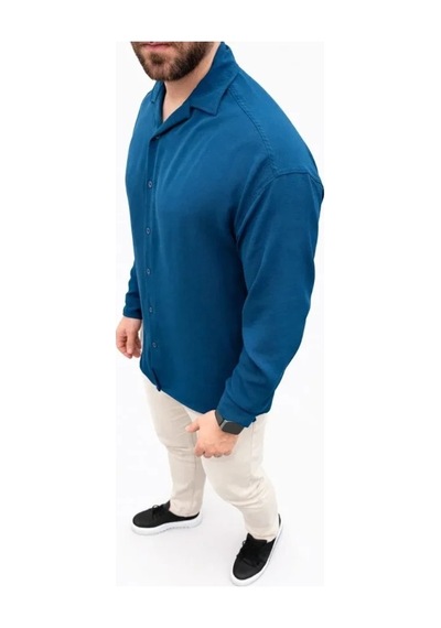 Defymoda Erkek Aerobin Kumaş Oversize 4 Mevsim Uzun Kollu Rahat Kalıp Gömlek - İndigo