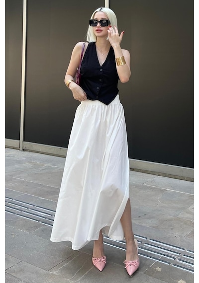 Madmext Beyaz Basic Yırtmaçlı Midi Etek Mg2092 Beyaz