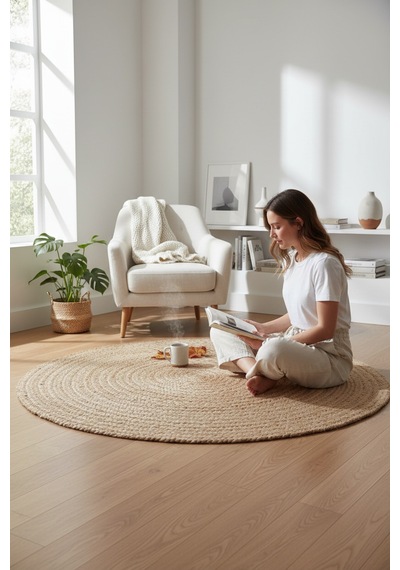 Akayev Nature Jüt Hasır Yuvarlak Natural Halı 90 Cm Kahverengi