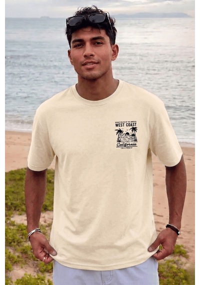 Genius Store Erkek Tişört Pamuklu Kumaş Sırt Baskılı Tişört Sokak Modası Rahat Kalıp T-shirt West-bej