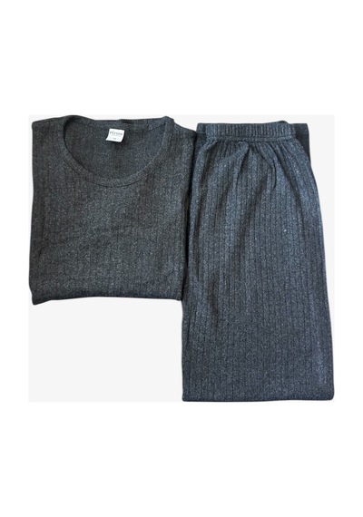 Feg Store %100 Pamuk Antrasit Yumuşak Dokulu Fitilli Uzun Kollu Kadın Pijama Takımı