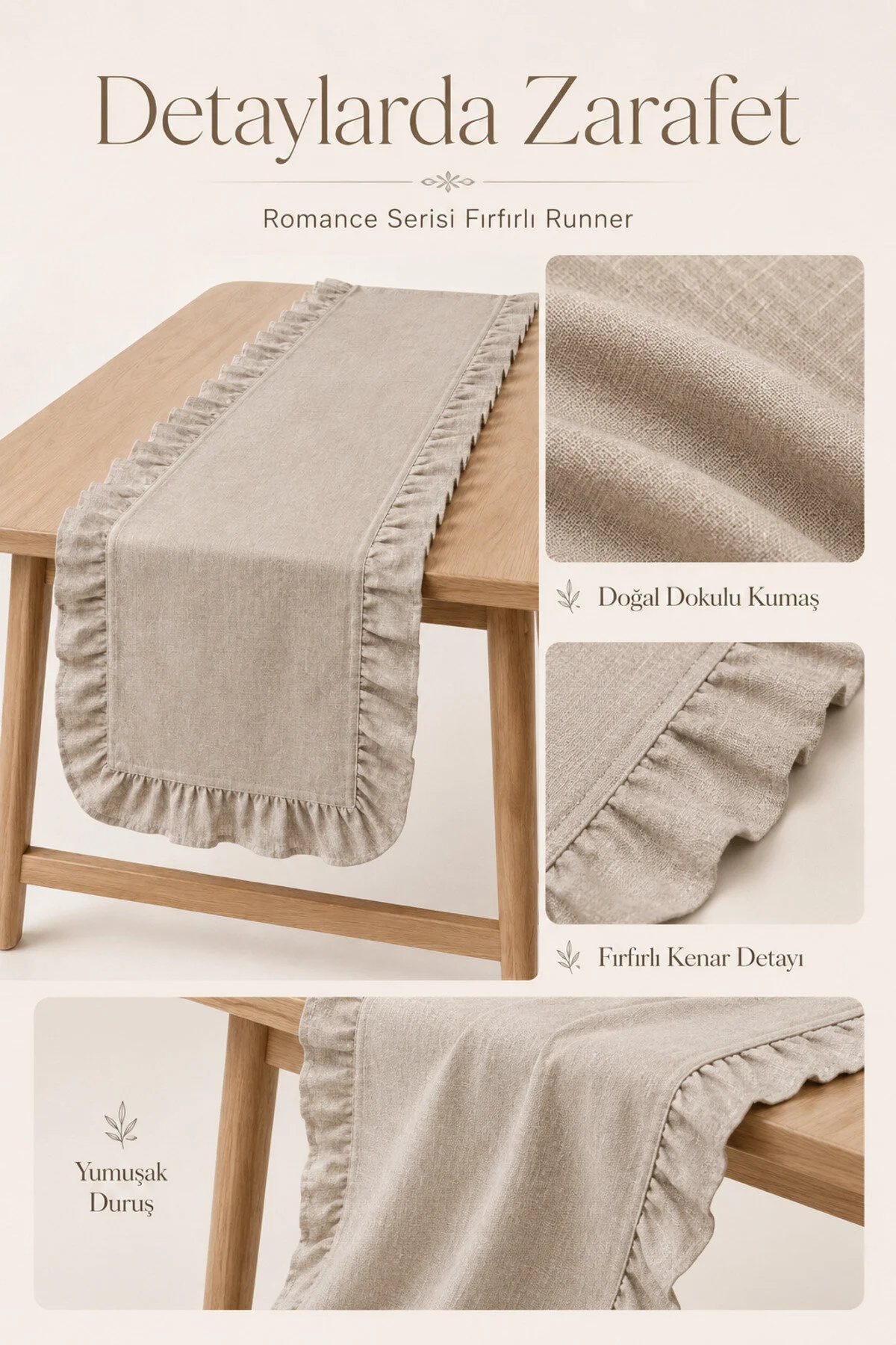 Morlay Kahve Fırfırlı Runner Masa Örtüsü 40x150cm