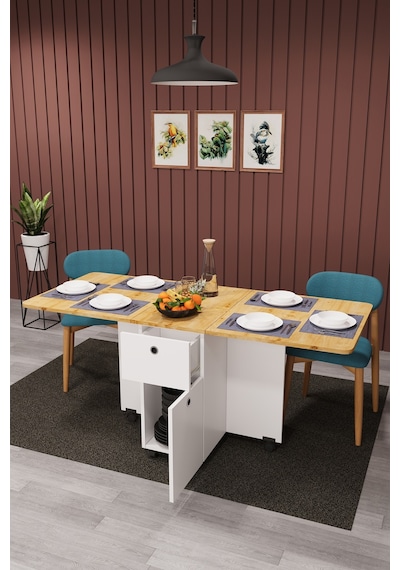 Asra Trend KM-02 %100 MDF 168x70 cm Katlanır Akıllı Mutfak Masası Tekerlekli Servis Masası Beyaz Safir Meşe