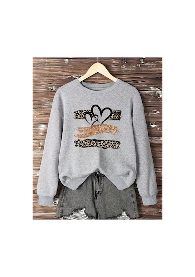 Herkesemoda Leopar Desen Detaylı Bisiklet Yaka Sweatshirt Gri