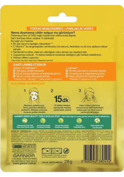 Garnier C Vitamini Parlaklık Verici Kağıt Yüz Maskesi