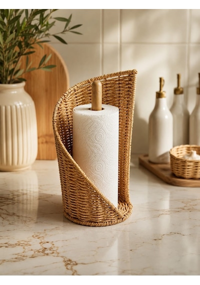 Qerhome Dekoratif Rattan Kağıt Havluluk Standı Bambu Direkli Mutfak Kağıt Havlu Tutacağı Kahverengi