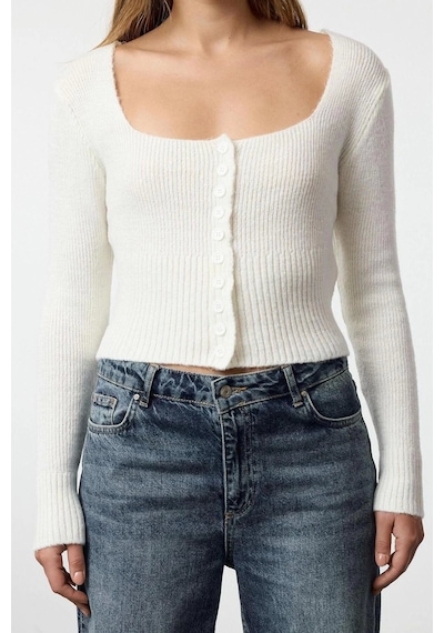 Frm Kadın Moda Şık Crop Kare Yaka Regular Crop Kare Yaka Triko Hırka Ekru