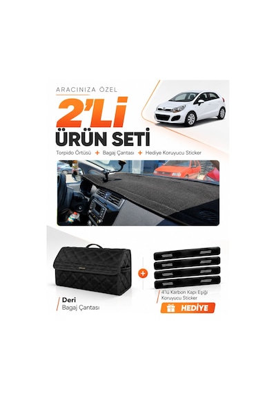 Kia Rio 2012-2018 Uyumlu Torpido Örtüsü + Deri Bagaj Çantası + Sticker Seti - Siyah