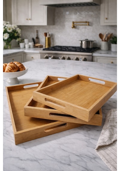 Makri Home 3'lü Dikdörtgen Bambu Tepsi Seti, Büyük: 29 X 41 Cm, Orta: 26 X 37 Cm, Küçük: 23 X 33 Cm Sarı