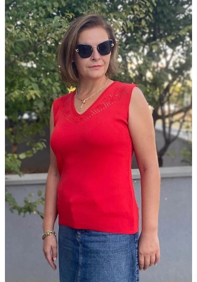 Mia Butik Kadın Lina Kırmızı Merserize Kolsuz Bluz Kırmızı