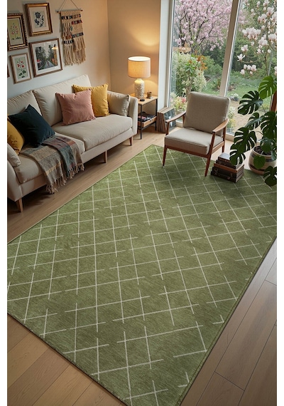 Malta Mlt01y Yeşil Dekoratif Şönil Kilim Geometrik Desen Yıkanabilir Yumuşak Kaymaz Taban Halı Yesıl