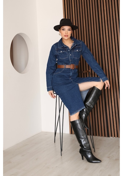 Kene Jeans Lacivert Kemerli Uzun Kol Çıtçıt Kapamalı Ön Yırtmaçlı Etek Püsküllü Elbise Lacivert Kene Jeans Lacivert Kemerli Uzun Kol Çıtçıt Kapamalı Ön Yırtmaçlı Etek Püsküllü Elbise Lacivert
