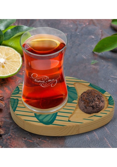 Kişiye Özel Deniz Kabukları Tasarımlı Doğal Ahşap Tabaklı Heybeli Çay Bardağı Sunum Seti Model 2 Şeffaf