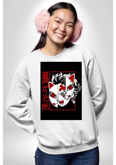Anime İblis Avcısı Kimetsu No Yaiba Maske Unisex Beyaz Sweatshirt Beyaz